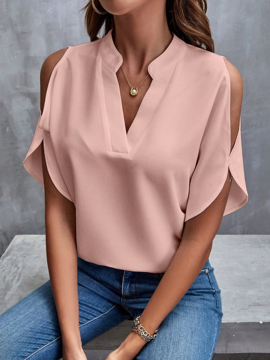 Elegant Dusty Pink LUNE Cold Shoulder Split Sleeve Popover Blouse for Effortless Casual Style