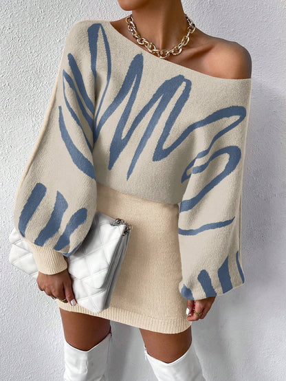 Chiquease Graphic Pattern Batwing Sleeve Sweater Dress