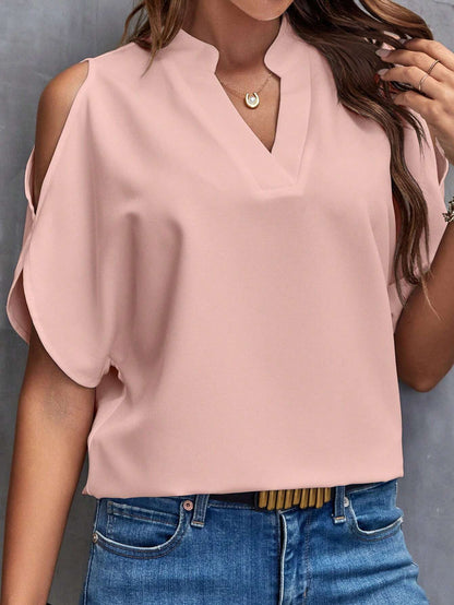 Elegant Dusty Pink LUNE Cold Shoulder Split Sleeve Popover Blouse for Effortless Casual Style