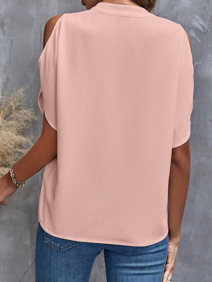 Elegant Dusty Pink LUNE Cold Shoulder Split Sleeve Popover Blouse for Effortless Casual Style